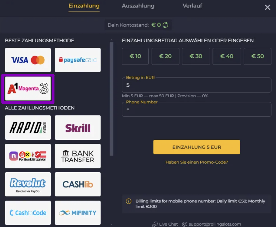 Magenta Zahlungsmethode bei Rolling Slots online casino